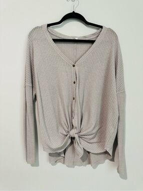 Wishlist Light Taupe Waffle-Knit Button Tie-Front Long Sleeve Top